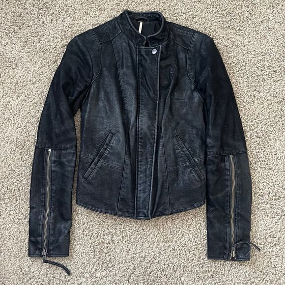 Free People Jackets & Blazers - Free People Cool & Clean BLACK Vegan Leather Moto Jacket Size 2 Wool Side Panels
